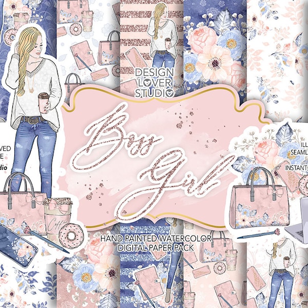 Boss Girl paquete de papel digital, flor de acuarela, Blush Patrón floral, chica planificadora, chica de oficina, café, donut, macbook