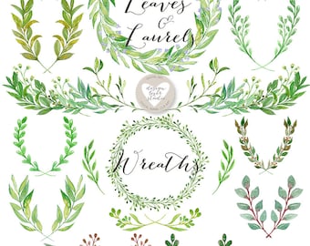 Watercolor Leaves, Laurel and Wreath, wedding clip art, watercolor clip art, hand painted, leaves, watercolour clip art