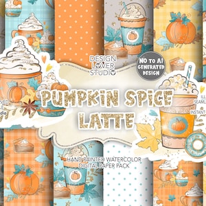 Unique Watercolor Pumpkin Spice Latte digital paper pack, NO to AI generated design, pumpkin pattern, autumn, coffee digital paper