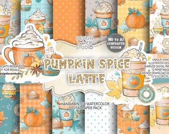 Unique Watercolor Pumpkin Spice Latte digital paper pack, NO to AI generated design, pumpkin pattern, autumn, coffee digital paper