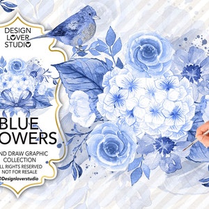 Watercolor BLUE FLOWERS design, Indigo blue watercolor flower,  Floral Clipart, Leaf clipart, Wedding Clip Art, wedding invitation