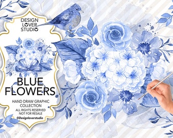 Watercolor BLUE FLOWERS design, Indigo blue watercolor flower,  Floral Clipart, Leaf clipart, Wedding Clip Art, wedding invitation