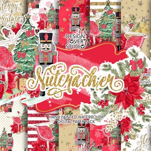 Può includere: Un pacchetto di carta digitale con 15 motivi senza cuciture con un tema dello Schiaccianoci. I motivi includono stelle di Natale rosse e dorate, alberi di Natale, fiocchi di neve e un soldato Schiaccianoci. Il testo "Schiaccianoci" è scritto in lettere dorate con glitter. Il testo "Design illustrato a mano unico Motivo digitale senza cuciture Pacchetto di carta 15 immagini Download istantaneo Articolo digitale 6" x 6" File JPG" è anche incluso.
