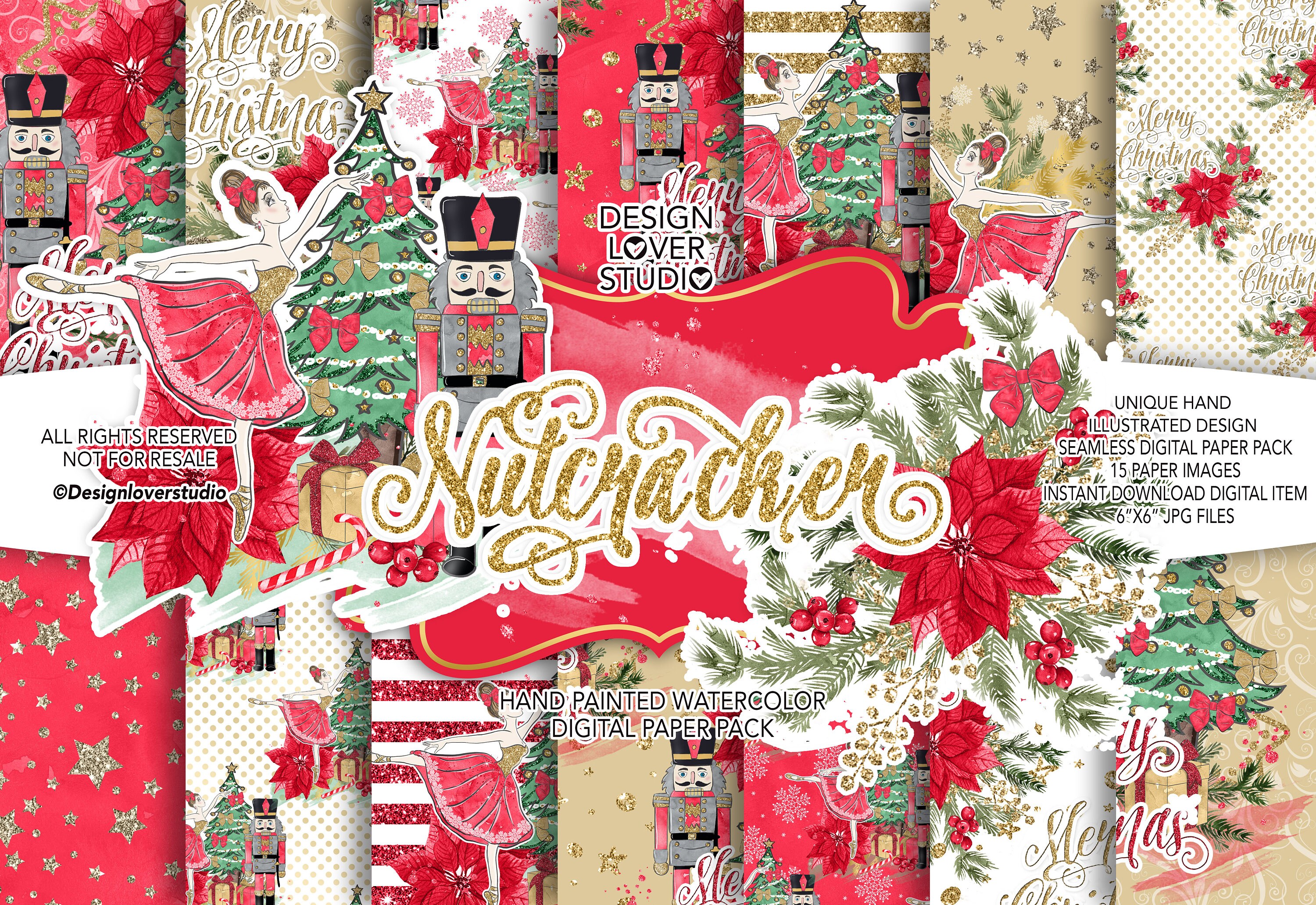 Nutcracker design Red digital paper pack, christmas flower, christmas gift, floral, christmas tree, gold glitter, ball, holiday