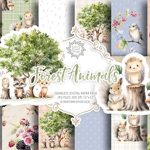 Woodland Animals Watercolor digital paper, Forest Animals Cute Woodland Animals, Nursery Decor, Woodland Baby Shower pattern, Bear Fox Owl