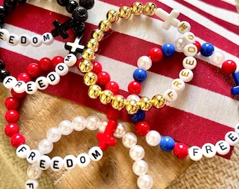 America 250 Bracelet: FREEDOM Beaded Bracelet, Stretchy Cross Bracelets