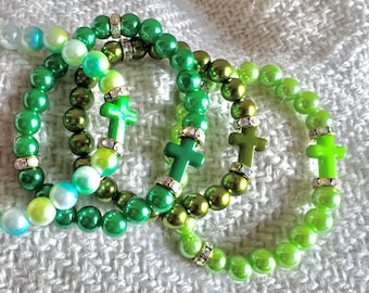 Pulseras elásticas con cruz de cuentas: verdes, regalos religiosos