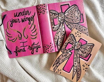 Custom Notetaking Bible & Prayer Journal Set- Pink Coquette Bow, Tabbed NIV Bible