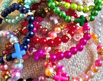 Pulsera con cruz y cuentas: Pulseras con separadores de diamantes de imitación de colores para cristianos