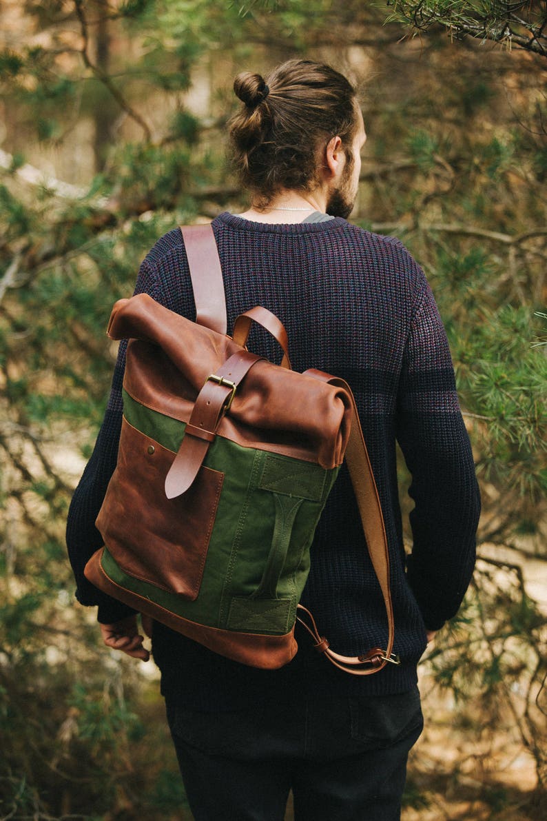 Canvas and leather backpack Roll top backpack by Kruk Garage Etsy