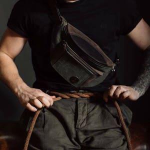 Canvas sling bag Leather belt bag Chest bag Travel hip bag Leather fannypack Mens hip bag Fathers Day gift image 7