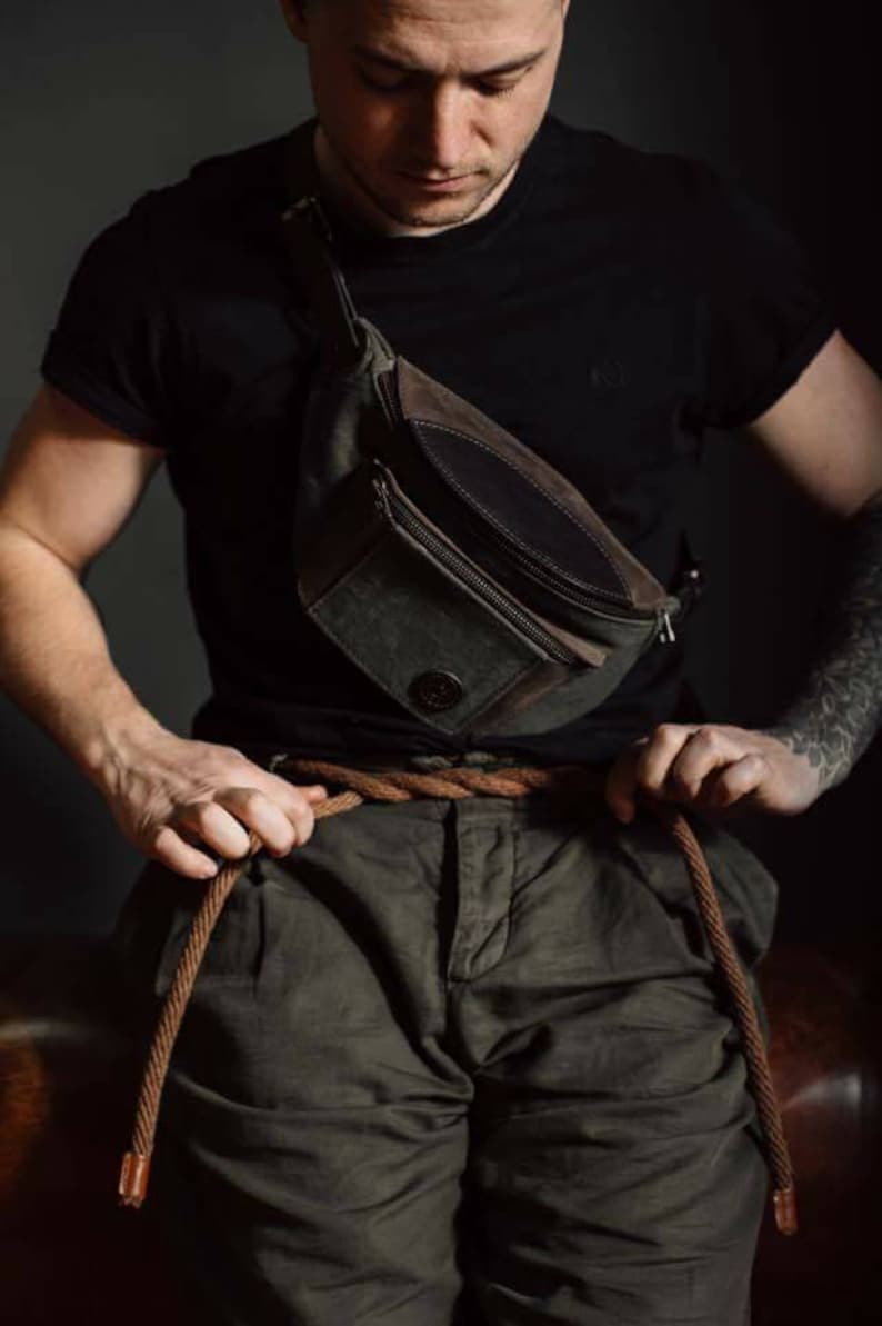 Canvas sling bag Leather belt bag Chest bag Travel hip bag Leather fannypack Mens hip bag Fathers Day gift image 7