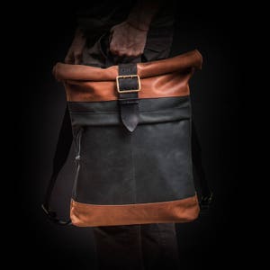 Leather backpack with vintage buckle Roll top backpack Men's backpack Christmas gift image 8