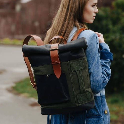 Canvas and Leather Backpack Roll Top Backpack Laptop Backpack - Etsy