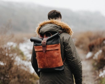 Leather backpack men Roll top backpack with vintage buckle Laptop Tech backpack Leather work bag Father day gift