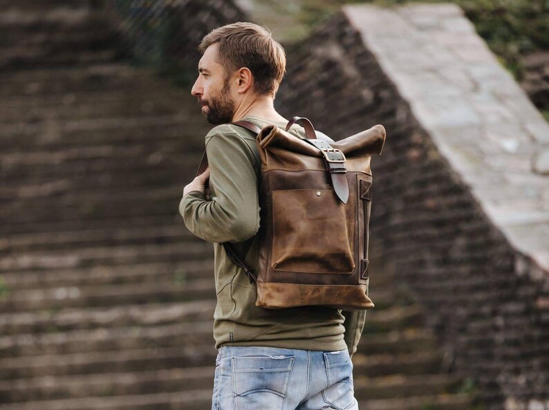 Leather Roll Top Backpack Laptop Leather Backpack Computer Etsy