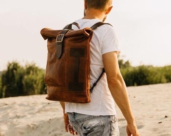 Leather backpack men Roll top backpack Computer backpack Laptop purse for men Fathers day gift