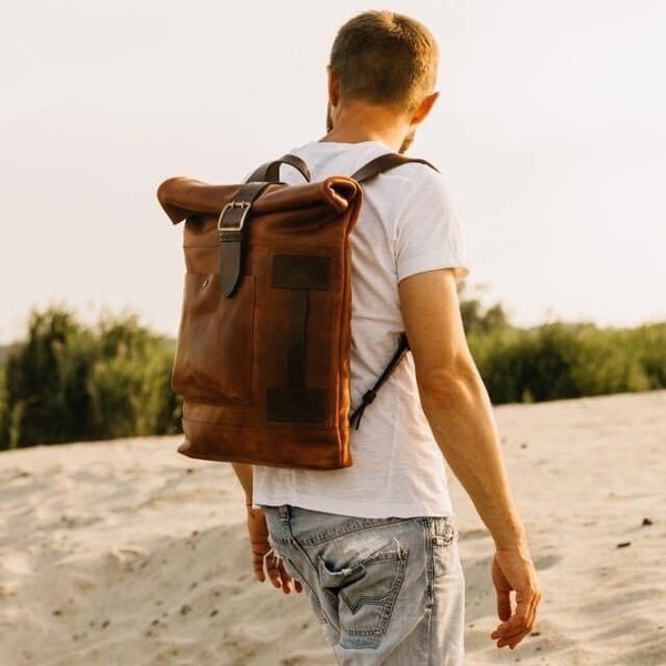 Leather backpack men Roll top backpack Computer backpack Laptop purse for men Fathers day gift