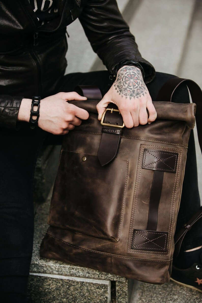 Leather Backpack Men Roll Top Backpack Computer Backpack Etsy
