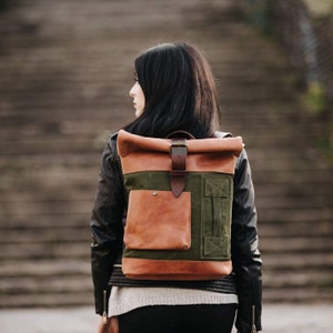 Canvas and Leather Backpack Roll Top Backpack Military Canvas Backpack ...