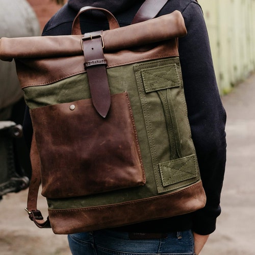 Roll Top Backpack Canvas and Leather Backpack Large Backpack - Etsy