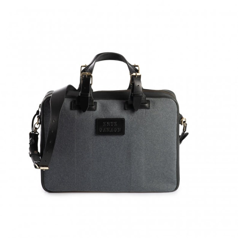 Work bag for men Wool felt and leather messenger Laptop bag Black