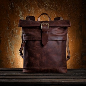 Leather Roll Top Backpack Men's Laptop Backpack Commuter - Etsy