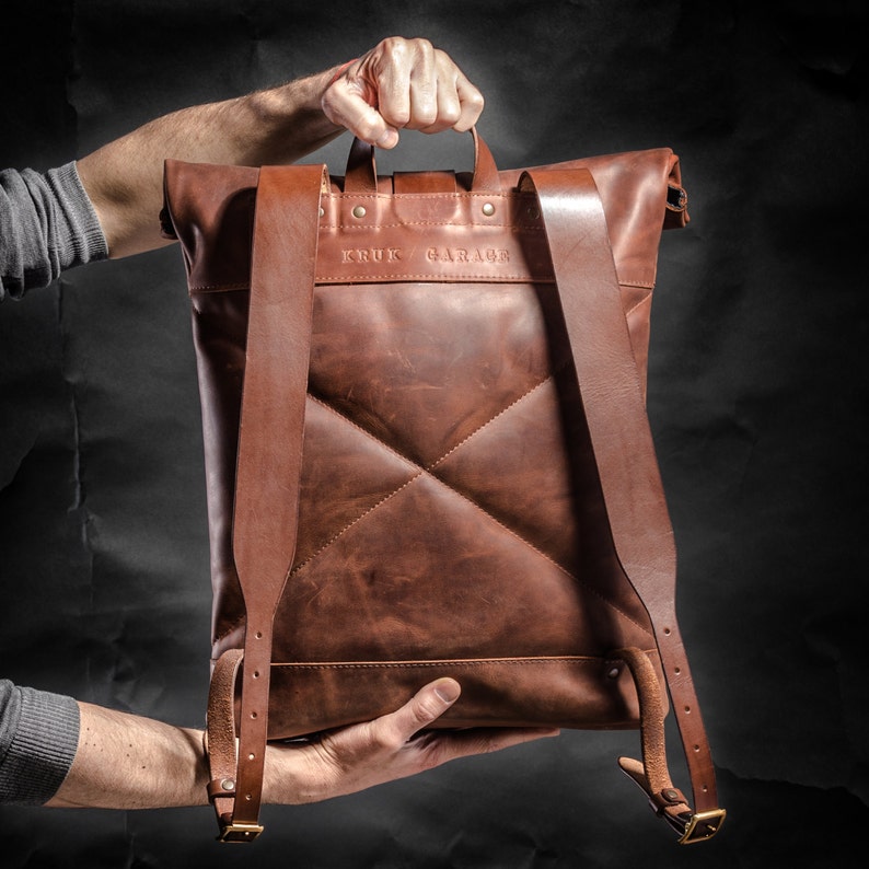Leather backpack Roll top backpack by Kruk Garage Made of Etsy