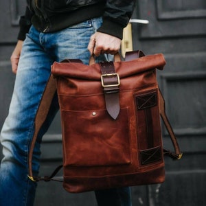 Leather Backpack Men Roll Top Backpack Computer Backpack - Etsy