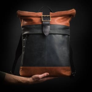 Leather backpack with vintage buckle Roll top backpack Men's backpack Christmas gift image 3