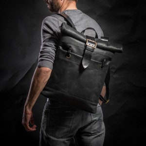 Leather backpack for men Roll top backpack Men's backpack Computer backpack Father day gift Black