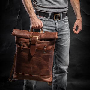 Leather backpack for men Roll top backpack Men's backpack Computer backpack Father day gift Cognac brown