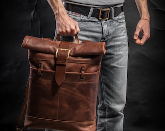 Leather backpack for men Roll top backpack Men's backpack Computer backpack Father day gift