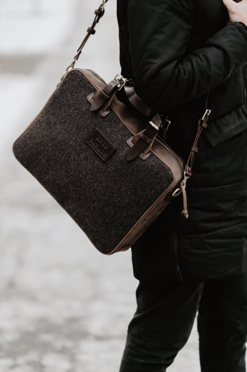 Work bag for men Wool felt and leather messenger Laptop bag image 5