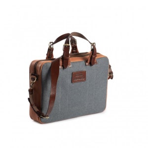 Work bag for men Wool felt and leather messenger Laptop bag Cognac brown