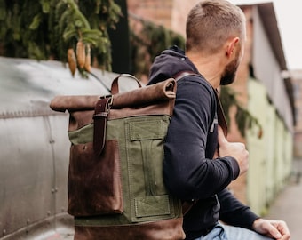 Laptop-Rucksack, Studenten-Rucksack, Roll-Top-Rucksack, Canvas- und Leder-Rucksack, Pendler-Rucksack, Vatertagsgeschenk