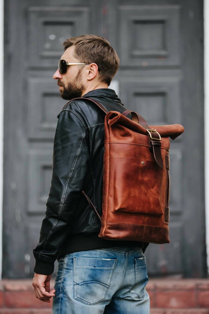 Leather Backpack Men Roll Top Backpack Computer Backpack Etsy