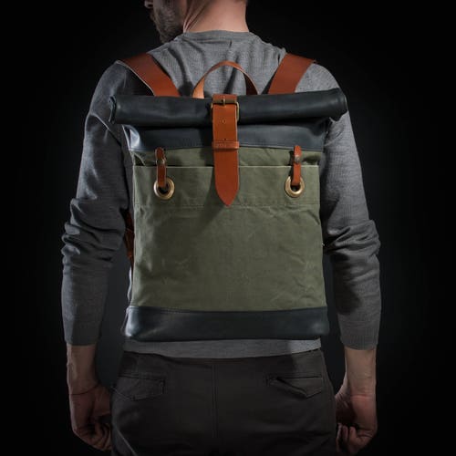 Canvas and Leather Backpack Roll Top Backpack for Man Leather - Etsy