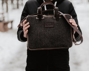 Work bag for men Wool felt and leather messenger Laptop bag