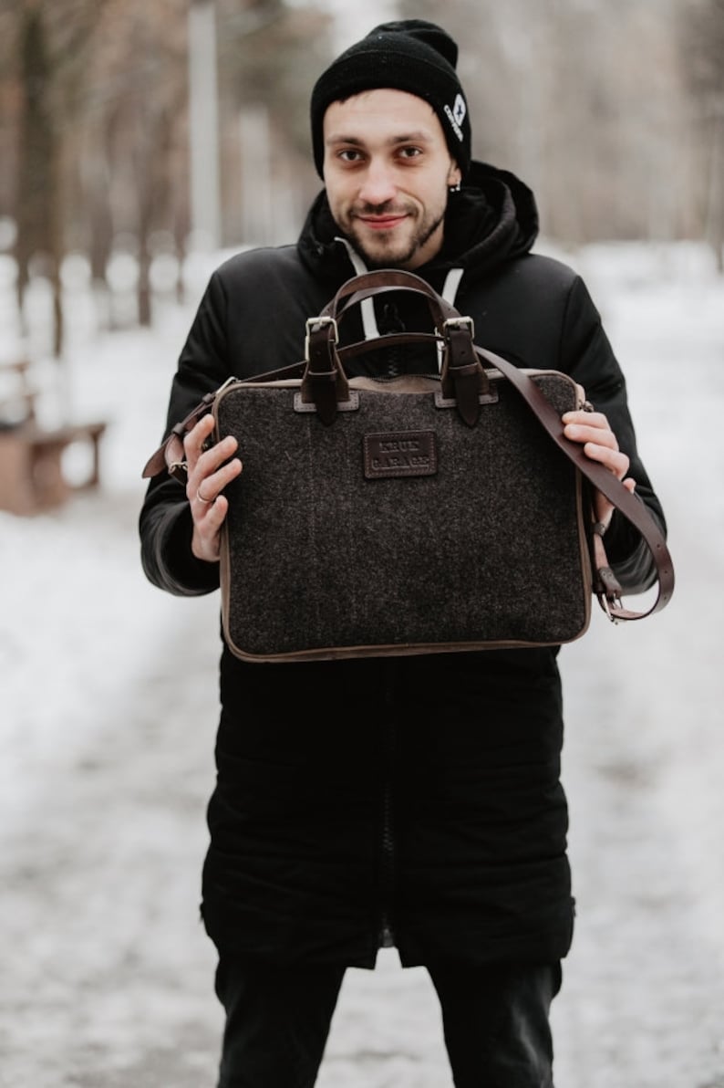 Work bag for men Wool felt and leather messenger Laptop bag image 1