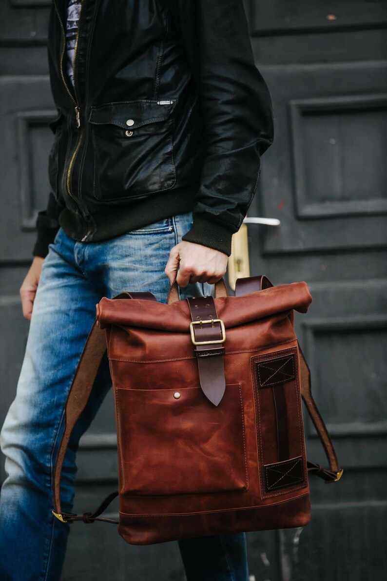 Leather Backpack Men Roll Top Backpack Computer Backpack Etsy