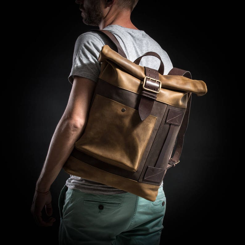 Leather Roll Top Backpack Laptop Backpack Computer Backpack Etsy