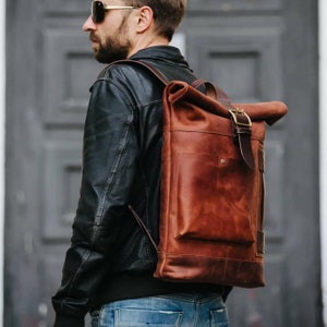 Leather Backpack Men Roll Top Backpack Computer Backpack - Etsy