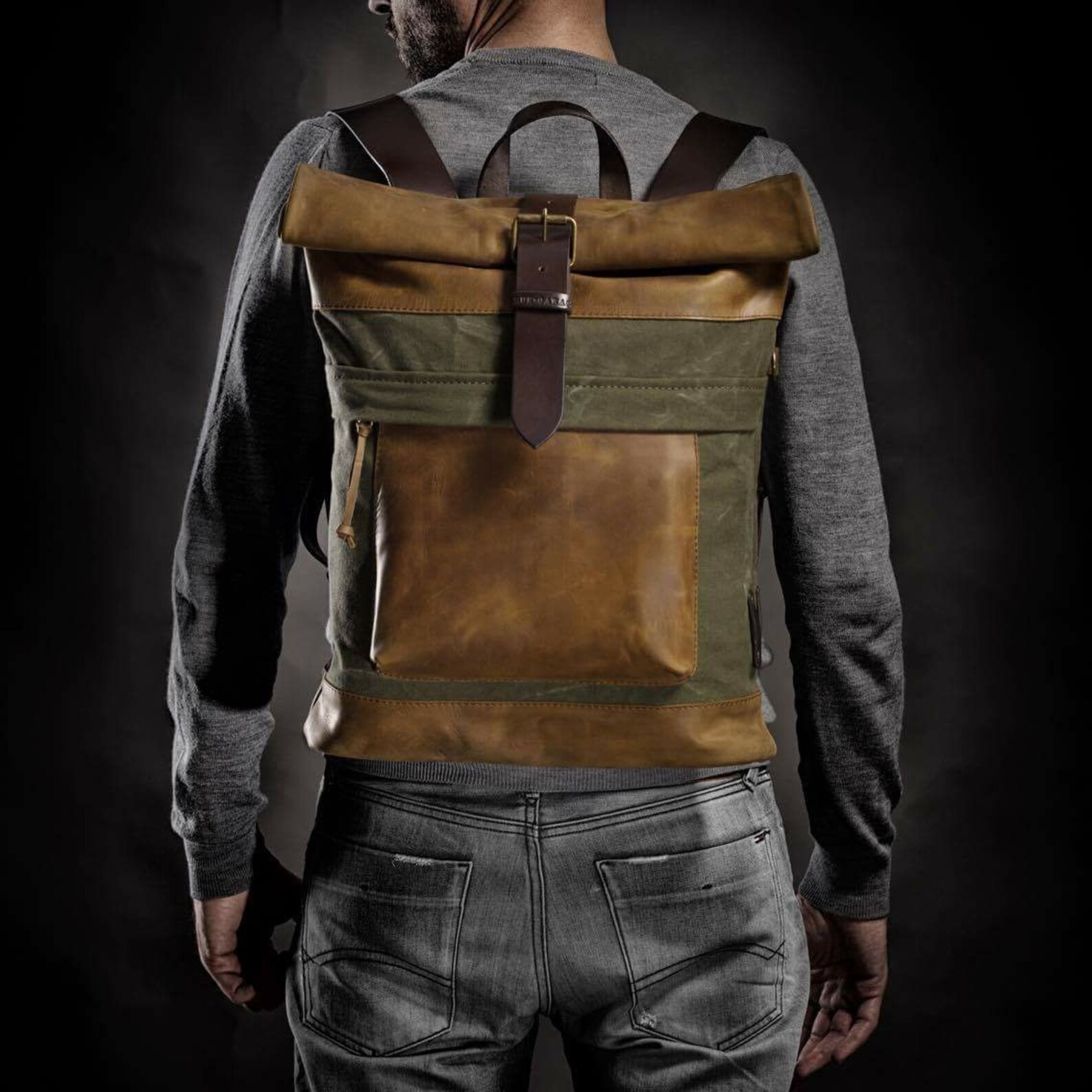 Hiking Backpack Canvas and Leather Backpack Roll Top Backpack Etsy UK