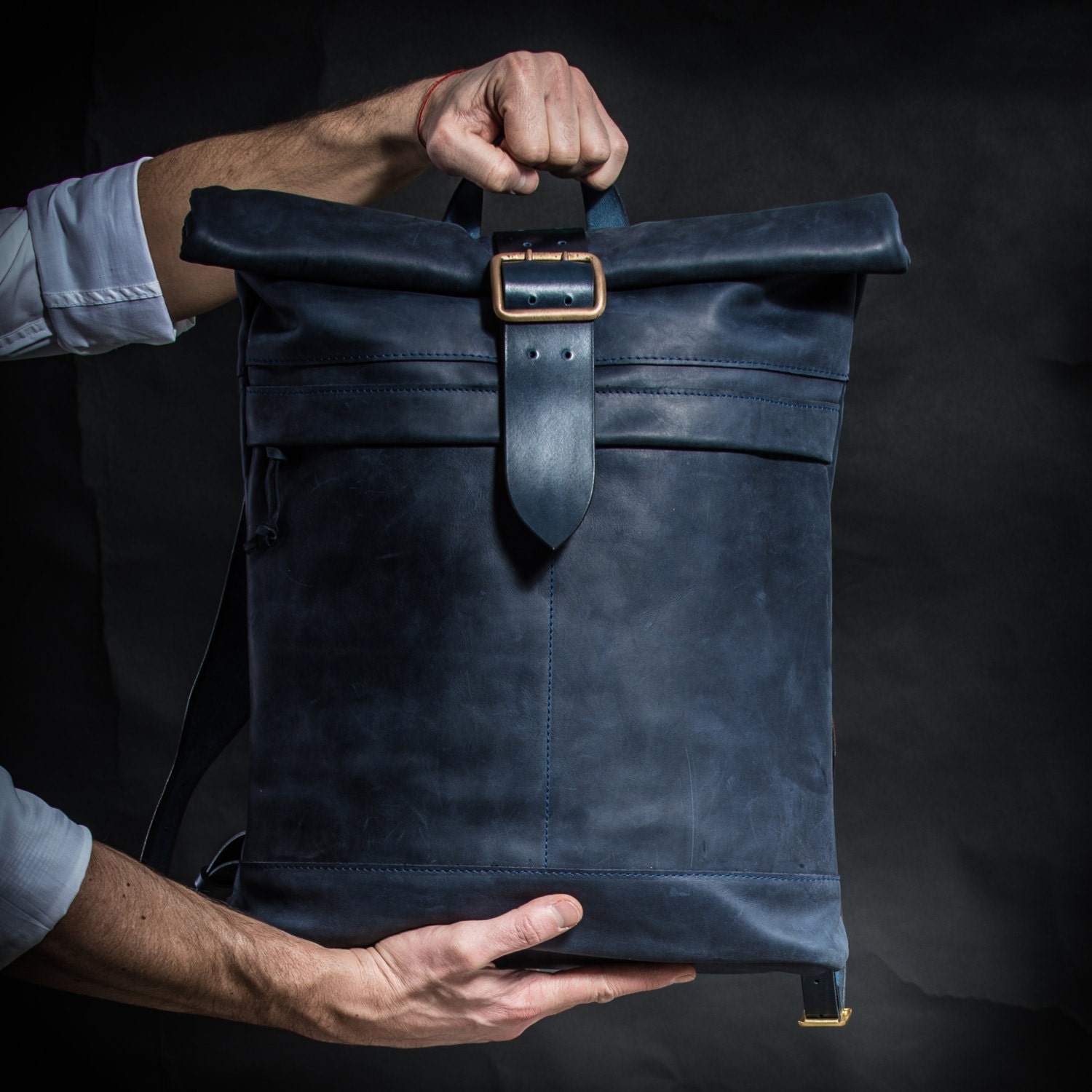 mens navy leather backpack