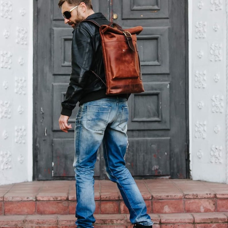 Leather backpack men Roll top backpack Computer backpack Laptop purse for men Fathers day gift image 10
