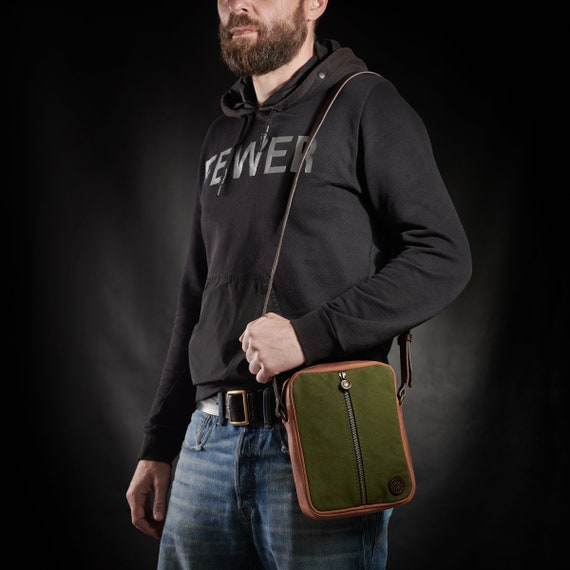 Small Shoulder Bag Mini Bag for Men Canvas and Leather Shoulder