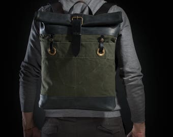 Roll top backpack Canvas and leather backpack Large backpack Travel backpack Laptop backpack Men's gift