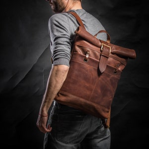 Leather backpack for men Roll top backpack Men's backpack Computer backpack Father day gift image 2