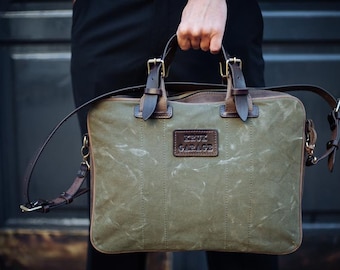 Waxed canvas briefcase Vintage canvas messenger bag Work bag man Laptop bag Father’s day gift